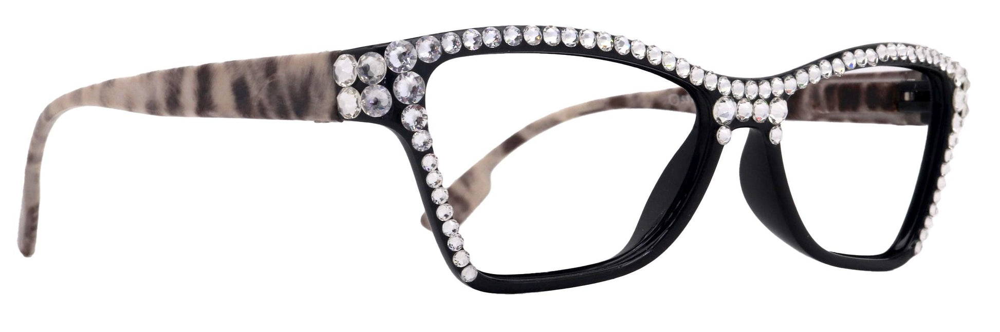 Avian, (Bling) Women Reading Glasses w (Full TOP) (Clear) Genuine European Crystals, Cat Eye (Black w Leopard ) NY Fifth Avenue.