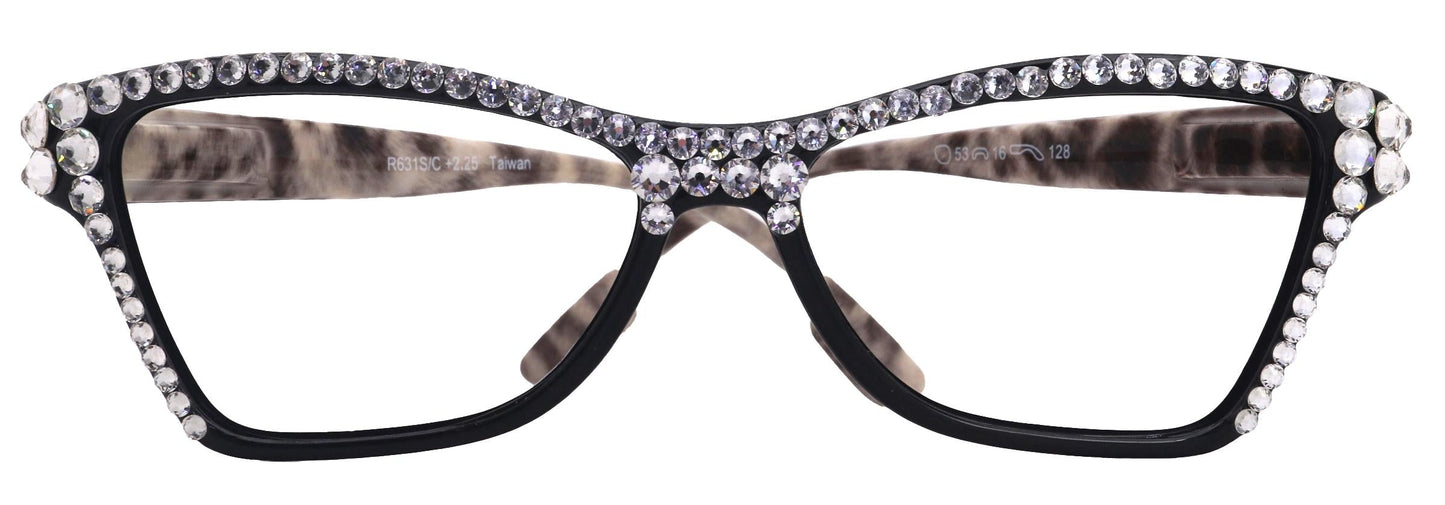 Avian, (Bling) Women Reading Glasses w (Full TOP) (Clear) Genuine European Crystals, Cat Eye (Black w Leopard ) NY Fifth Avenue.