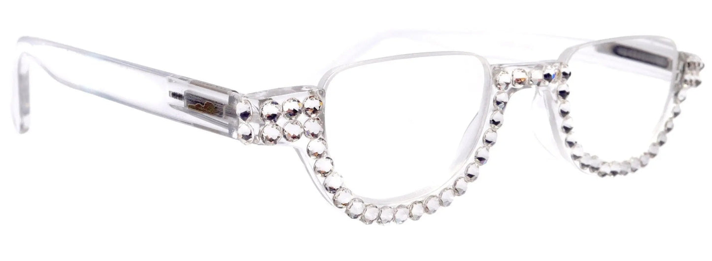 Half Moon, (Bling) Reading Glasses For Woman Adorned W (Clear) Genuine European Crystals, (Translucent) Lower Nose Frame, NY Fifth Avenue