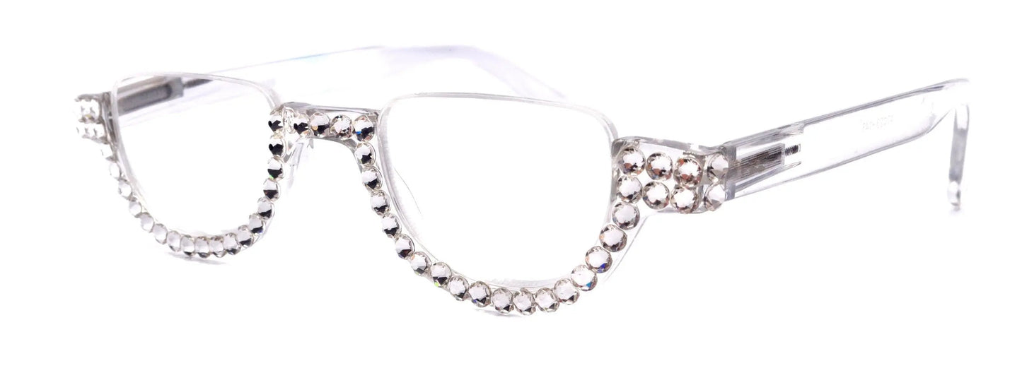 Half Moon Readers, (Bling) Reading Glasses For Woman W (Clear) Genuine European Crystals, (Translucent) Lower Nose Frame, NY Fifth Avenue