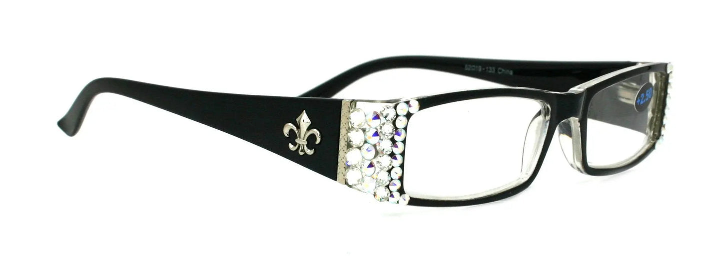 The French, (Bling) (Fleur De Lis) Women Reading Glasses W (Clear, AB Aurora Borealis) Genuine European Crystals (Black) NY Fifth Avenue