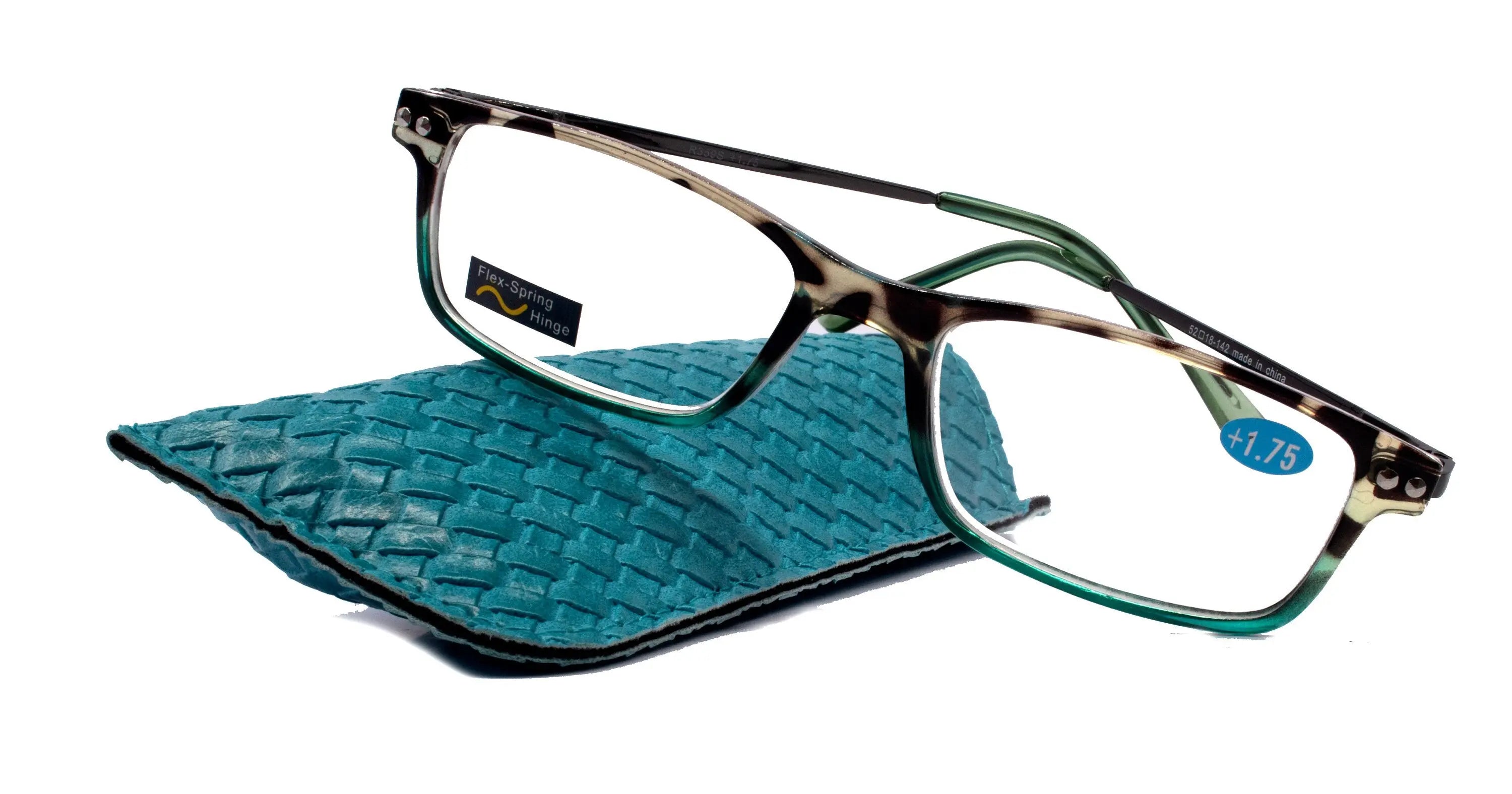 Vienna, (Premium) Reading Glasses High End Readers (Tortoise Shell Blue)  Rectangular +1.25..+3 Magnifying Metal Thin Temple .