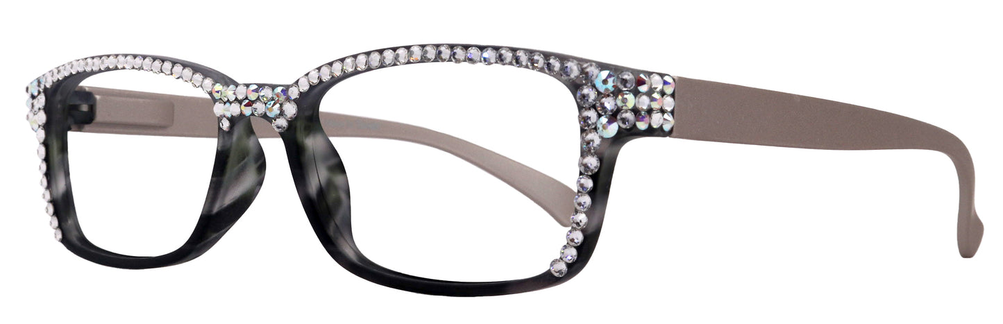 Olivia, (Bling) Women Reading Glasses Adorned with (Full Top) (Clear) Genuine European Crystals.  (Black, Grey) Square, NY fifth avenue.