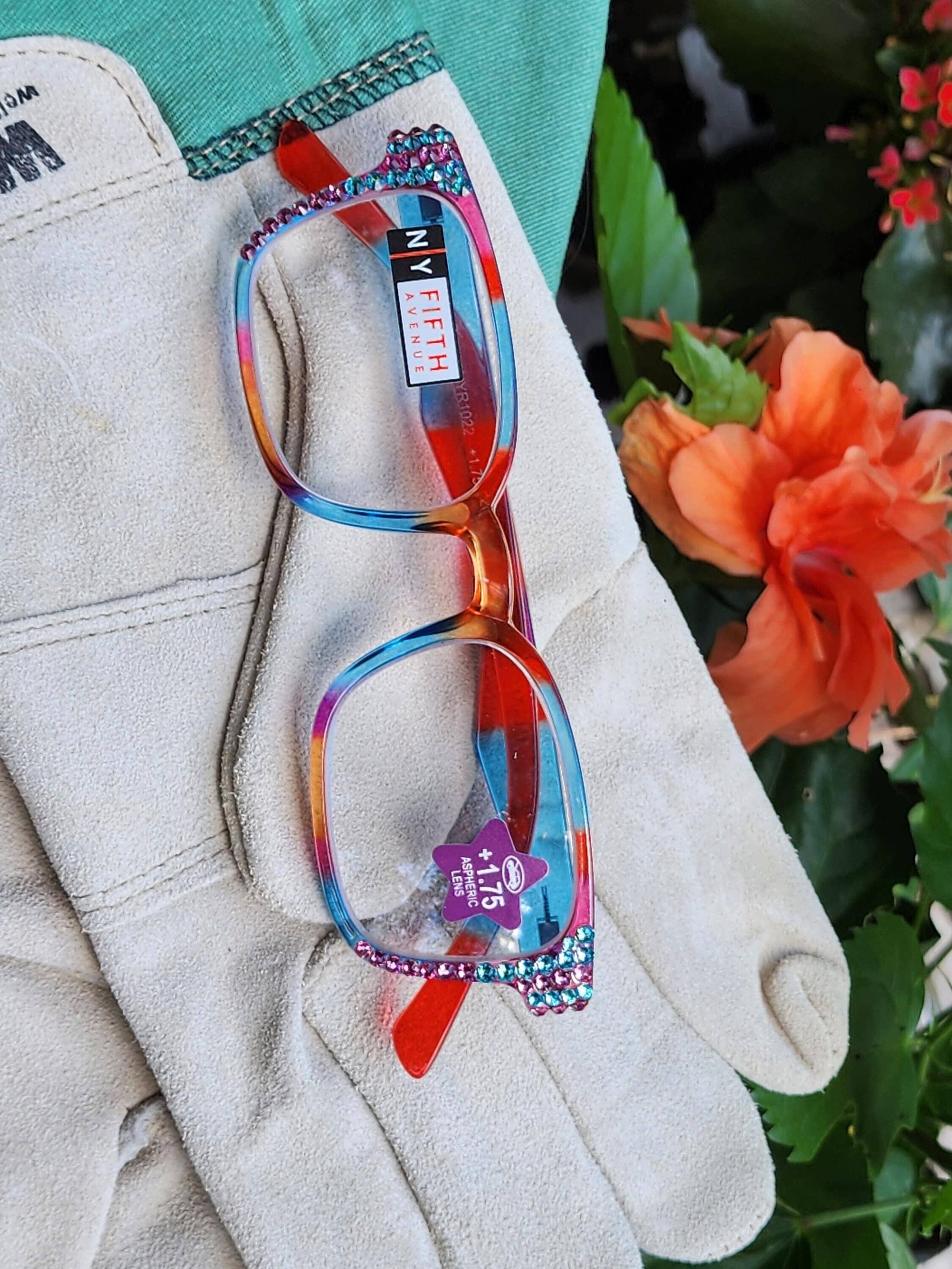 Amsterdam Bling Reading Glasses with European Crystal Multi Colors. Square Shape ( Blue, Purple, Orange n Red)