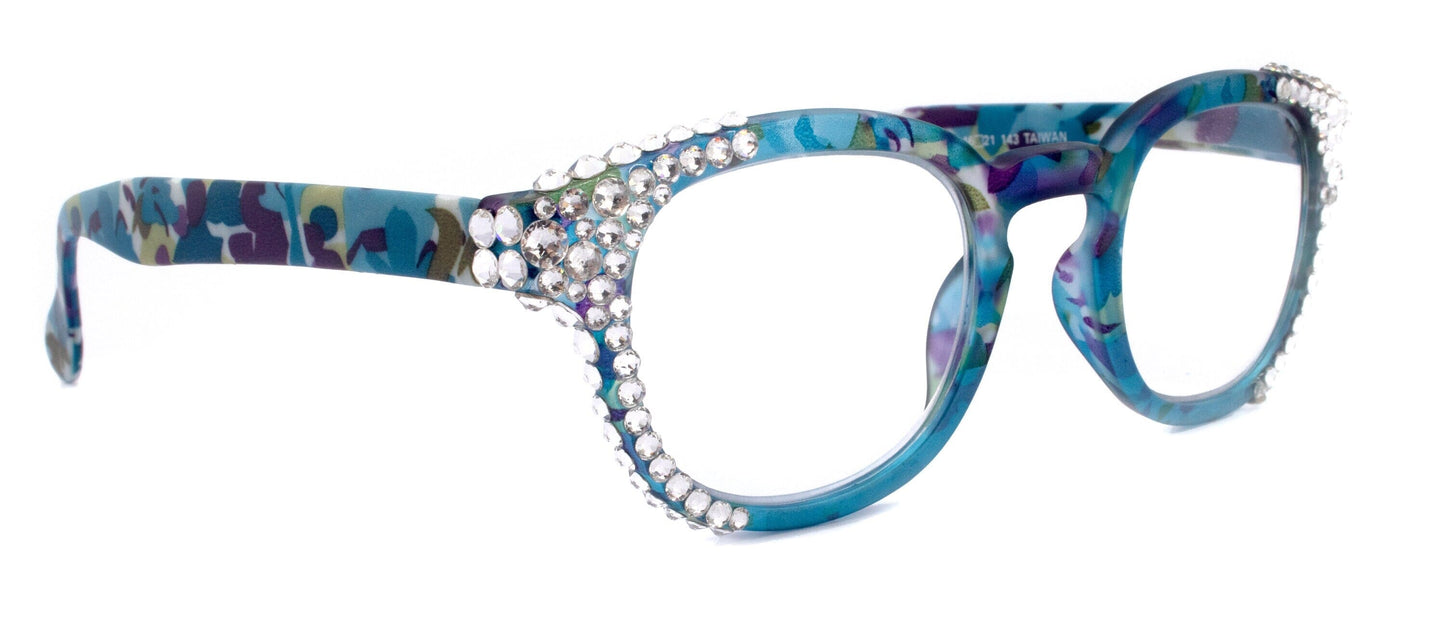 Autumn, (Bling) Reading Glasses For Women Adorned w (Clear) Genuine European Crystals Round Frame (Blue, Purple Floral) NY Fifth Avenue