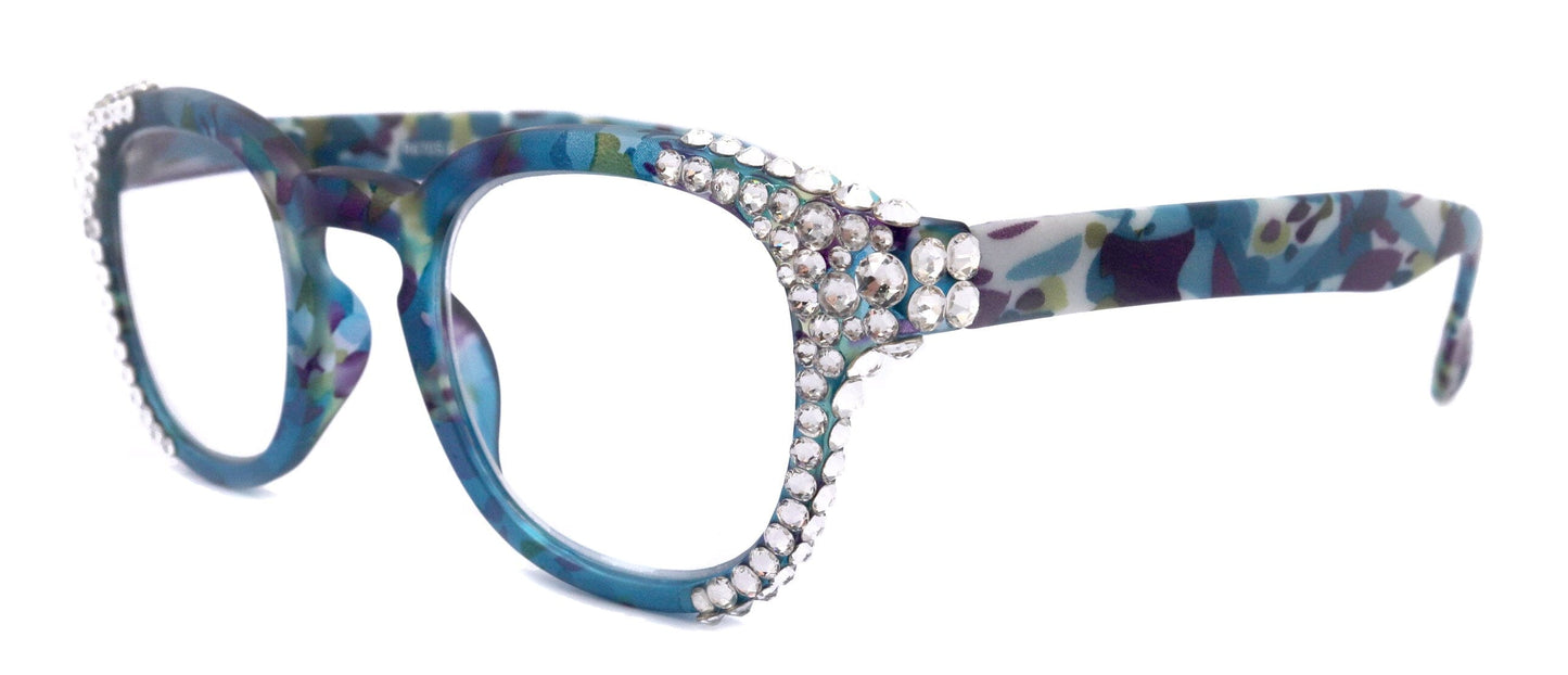 Autumn, (Bling) Reading Glasses For Women Adorned w (Clear) Genuine European Crystals Round Frame (Blue, Purple Floral) NY Fifth Avenue