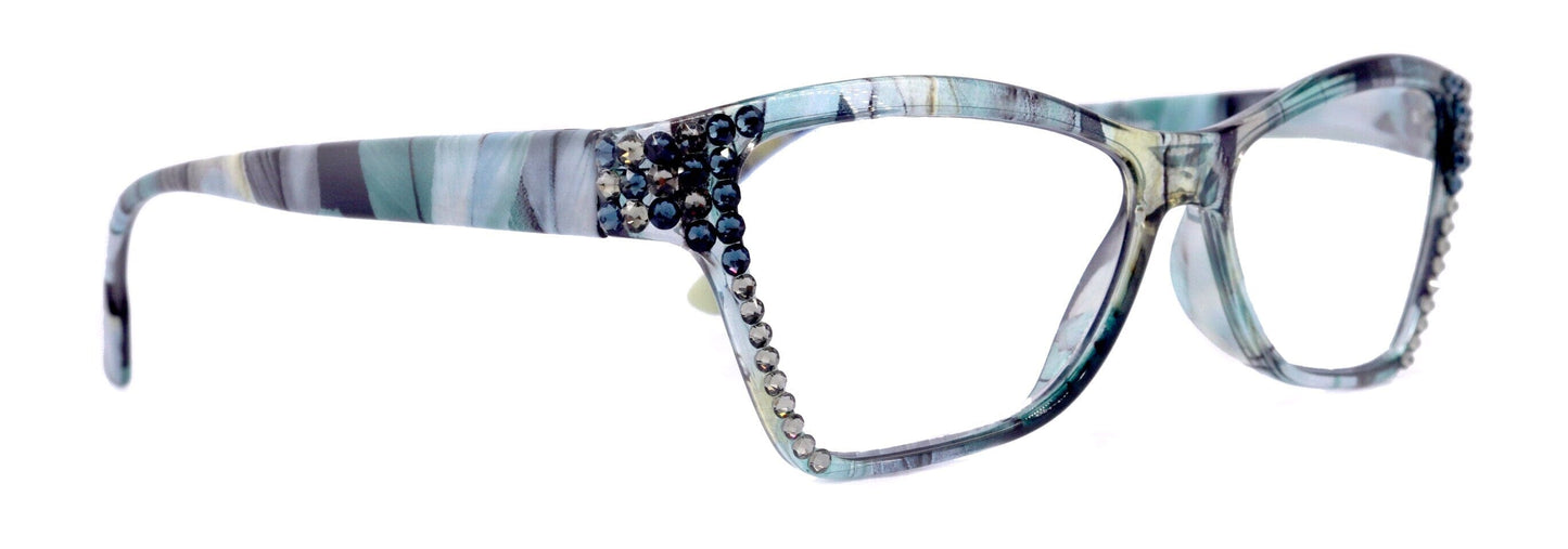 Avian, (Bling) Women Reading Glasses w (Montana, Black Diamond) Genuine European Crystals, Magnifying Cat Eye (Teal Blue) NY Fifth Avenue