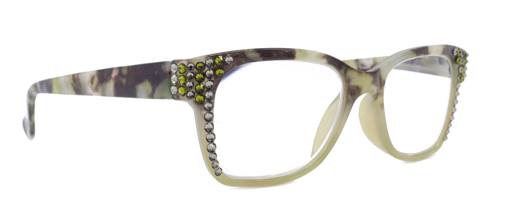 Aya, (Bling) Women Reading Glasses Adorned W (Olivine, Black Diamond) Genuine European Crystals.+1.25..+3 Square NY Fifth Avenue.