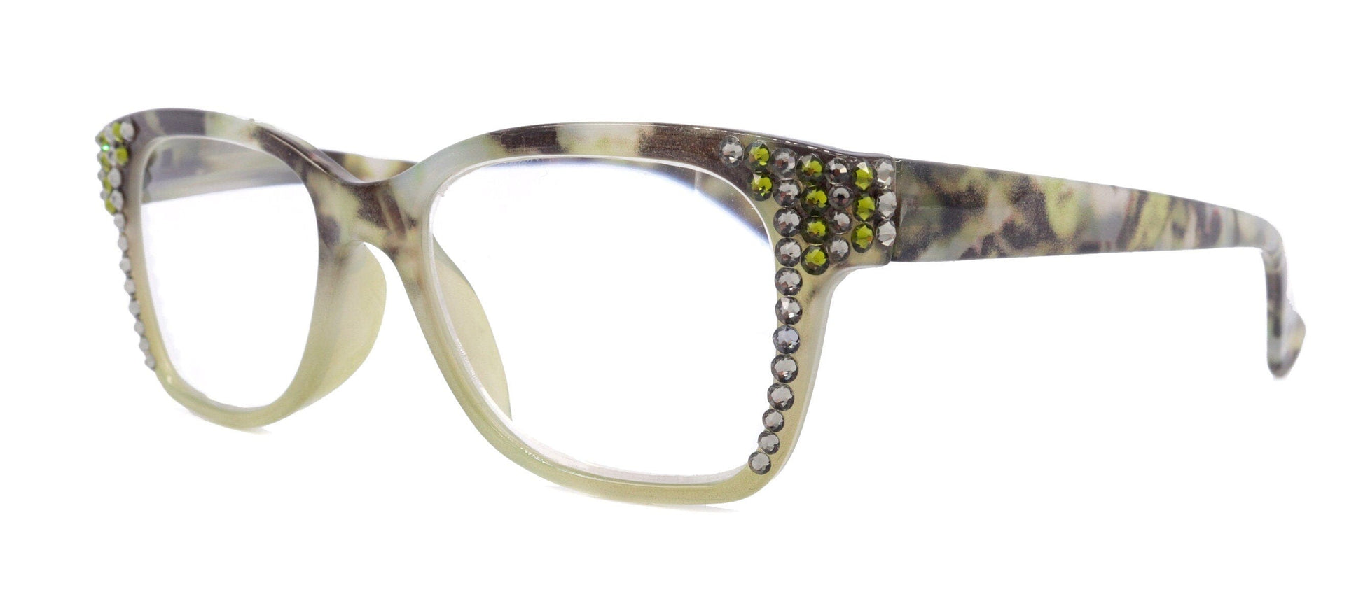 Aya, (Bling) Women Reading Glasses Adorned W (Olivine, Black Diamond) Genuine European Crystals.+1.25..+3 Square NY Fifth Avenue.