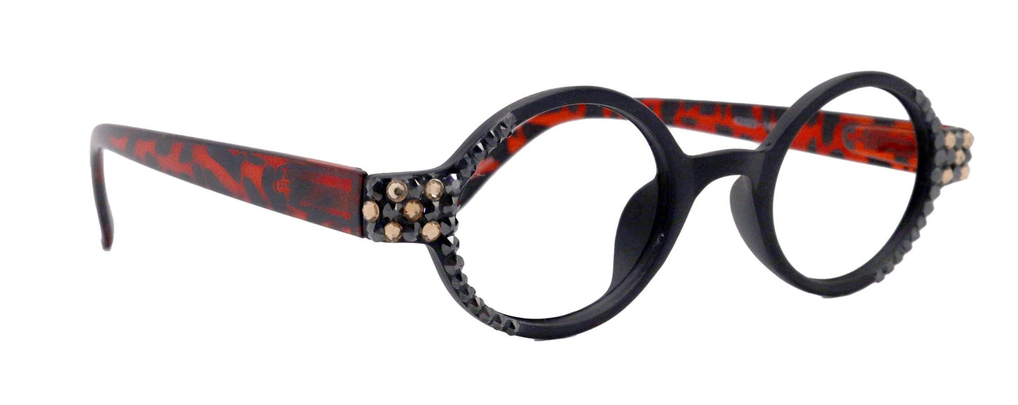 Bling Women Reading Glasses Hematite W light Colorado Genuine European Crystals, Round (Black) Tortoiseshell. NY Fifth Avenue