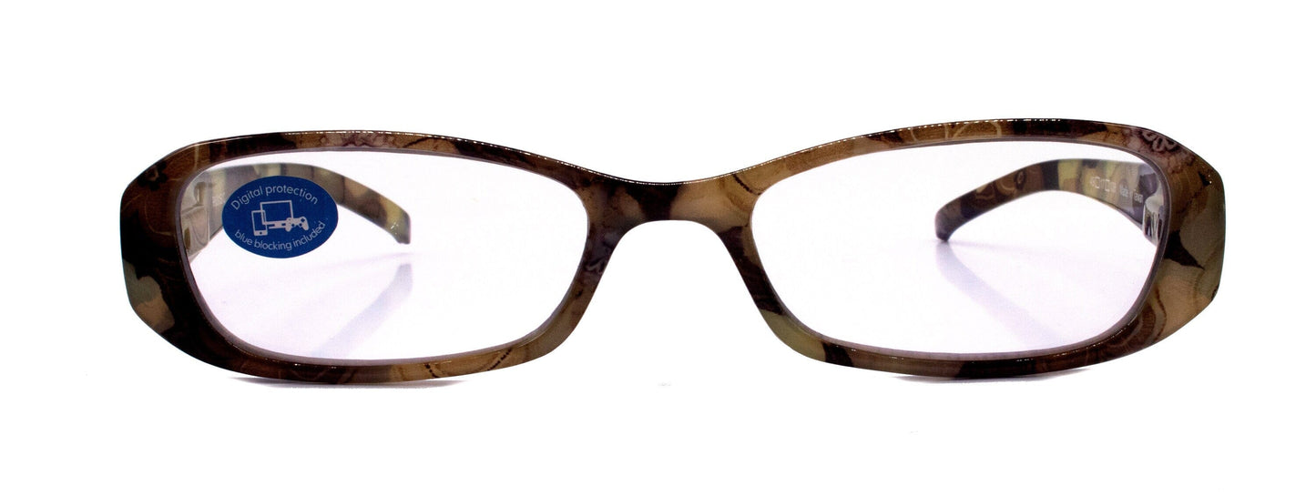 Blossom, (Blue Light Blocker) w AR Coating (ABrown Floral, Rectangular) Reading Glasses, No RX, Gamers NY Fifth Avenue