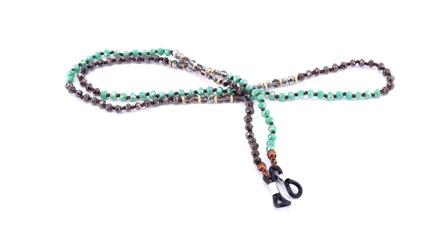 Boho, (Eyeglass chain) Double Hand Knotted (Turquoise, Hemitae, SiIver Glass Crystal) (4 mm) w Anti Slip Loops n Brass Fastener.