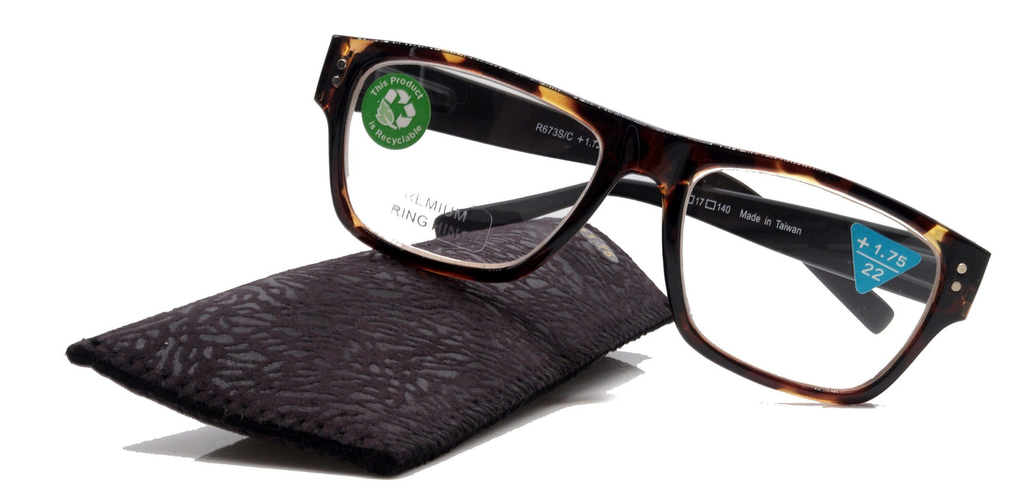 Brooklyn, (Premium) Reading Glasses, High End Reader +1.25...+3 Magnifying Eyeglasses (Tortoise Black, Brown) Square Frame. NY Fifth Avenue