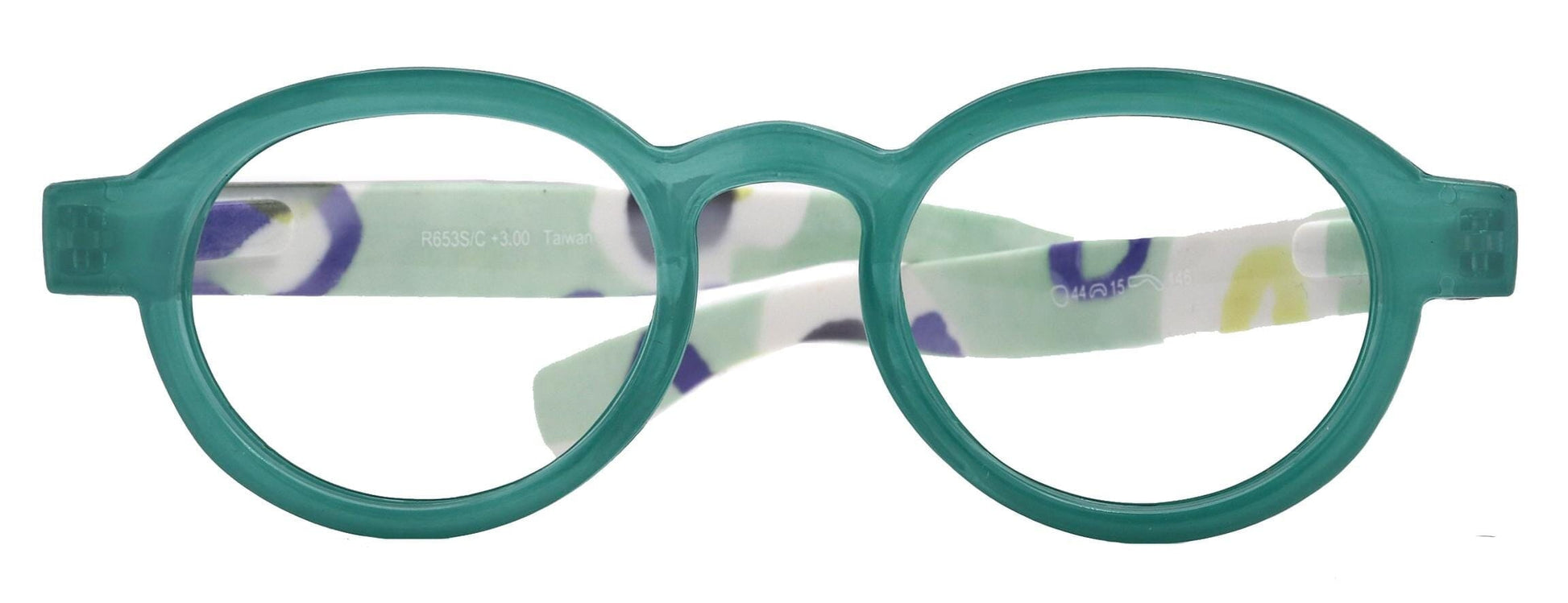 Carnival, Round Reading Glasses for Women Green frames with colorful pattern: +1.25 +3 NY Fifth Avenue