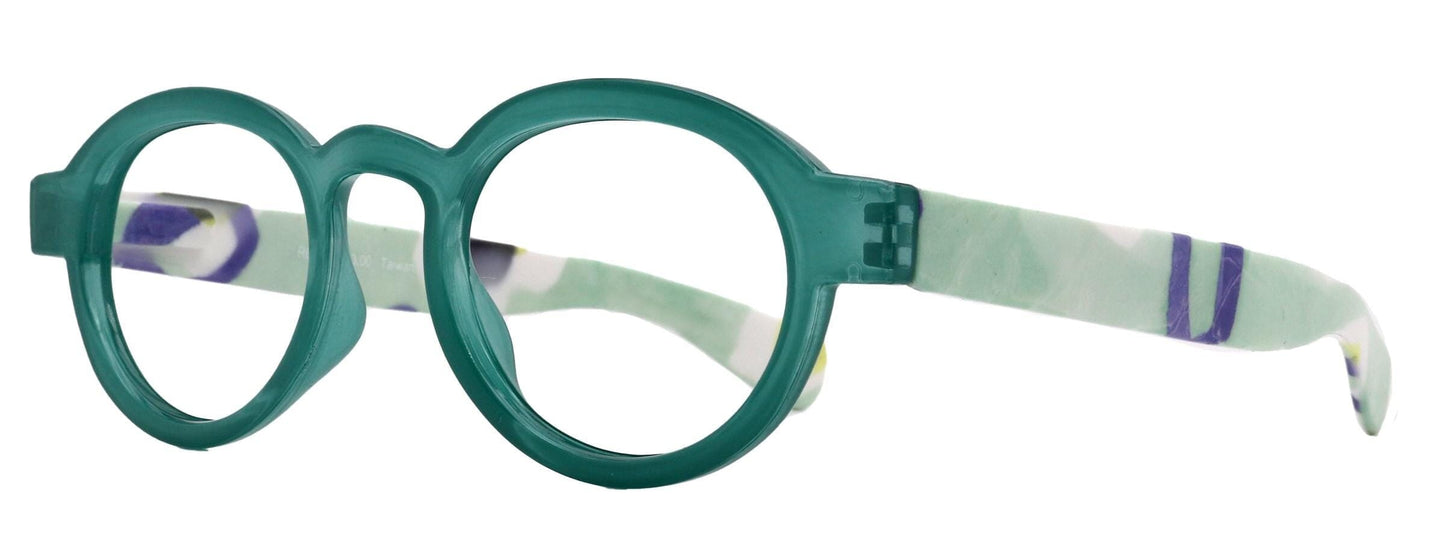 Carnival, Round Reading Glasses for Women Green frames with colorful pattern: +1.25 +3 NY Fifth Avenue