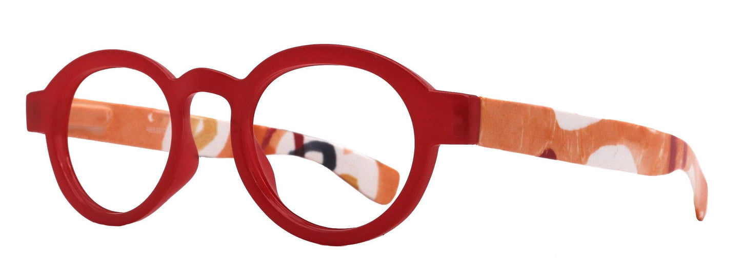 Carnival, Round Reading Glasses for Women Red frame with colorful pattern: +1.25 +3 NY Fifth Avenue