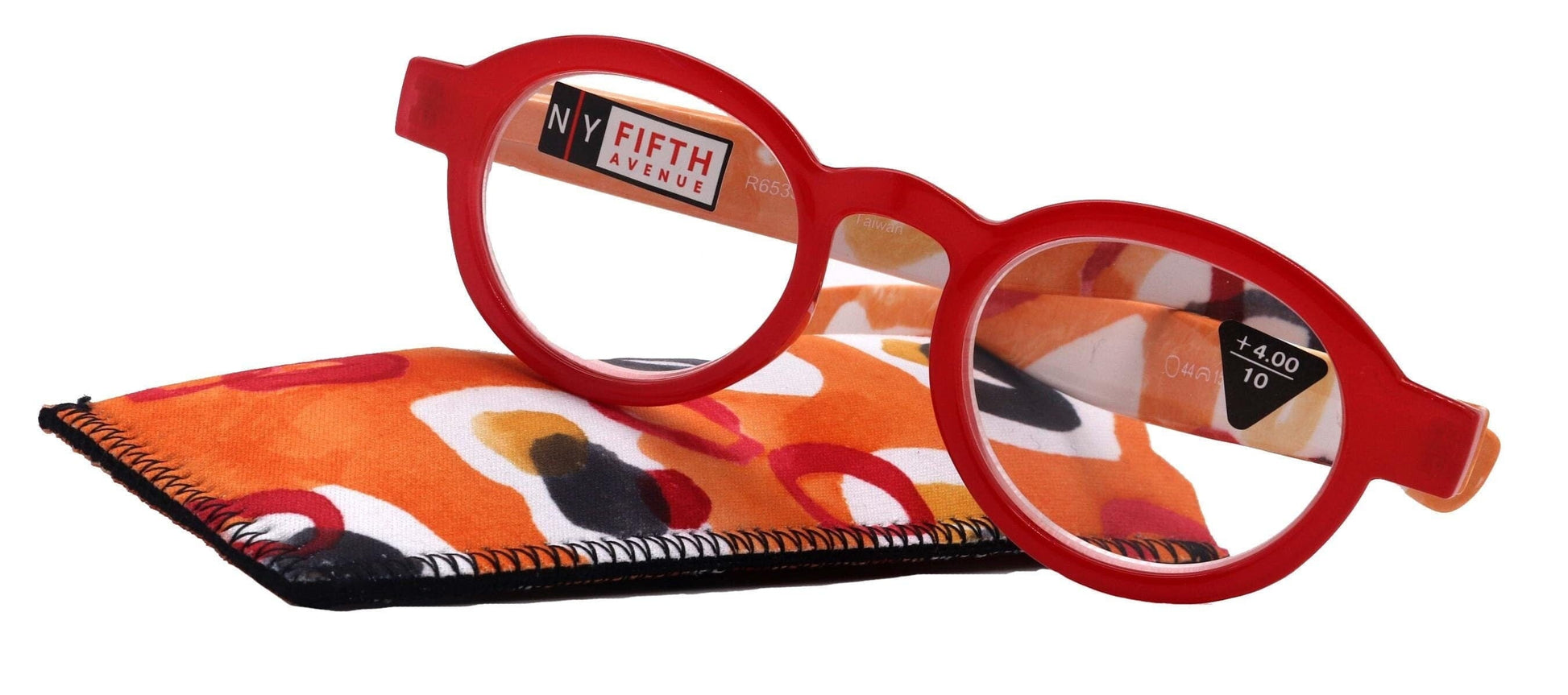 Carnival, Round Reading Glasses for Women Red frame with colorful pattern: +1.25 +3 NY Fifth Avenue