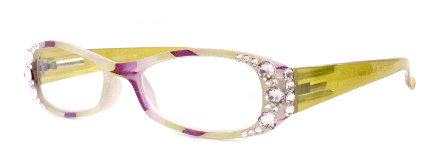 Dashing Stripes, (Bling) Women Reading Glasses W (Lime Green, purple) Oval. NY Fifth Avenue