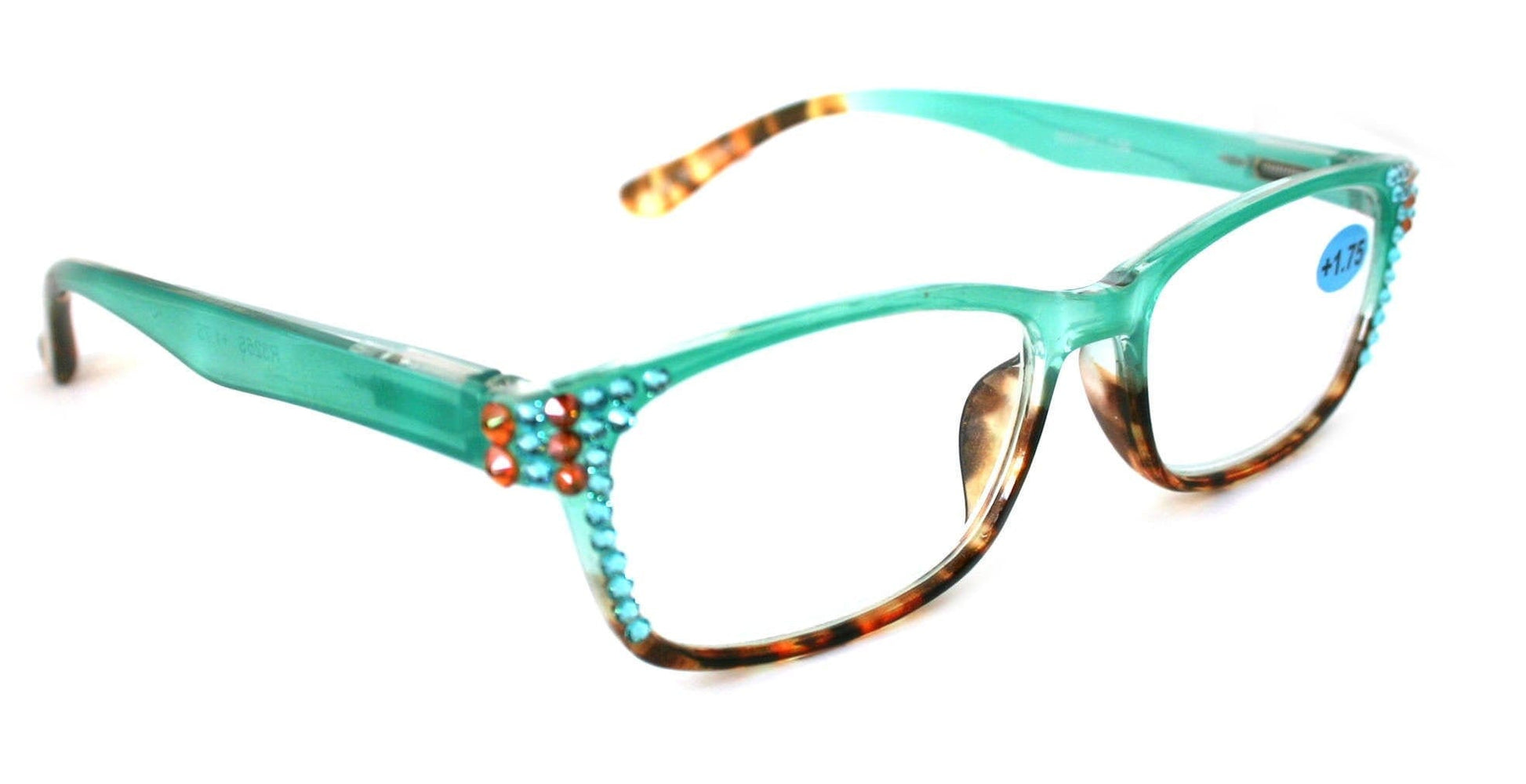 Desiree, (Bling) Women Reading Glasses W (Aquamarine, Cooper) Genuine European Crystals. +1.5 ..+6 Rectangular. High Strength. NY Fifth Avenue