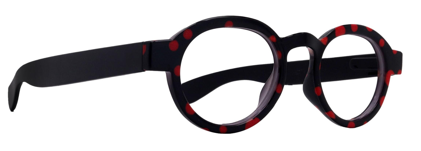 Dotty Chic, Round Reading Glasses for Women Black w Red frames with playful polka-dot pattern: +1.25 +3 NY Fifth Avenue