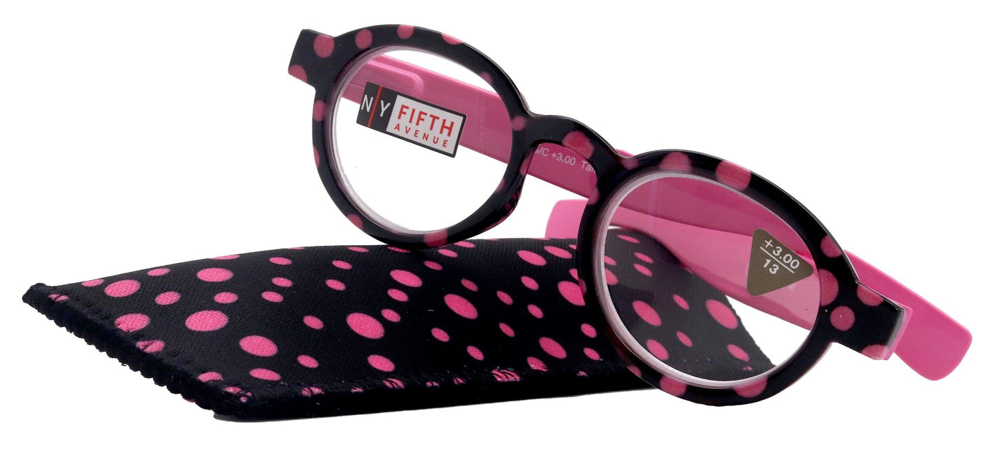 Dotty Chic, Round Reading Glasses for Women Pink frames with playful polka-dot pattern: +1.25 +3 NY Fifth Avenue