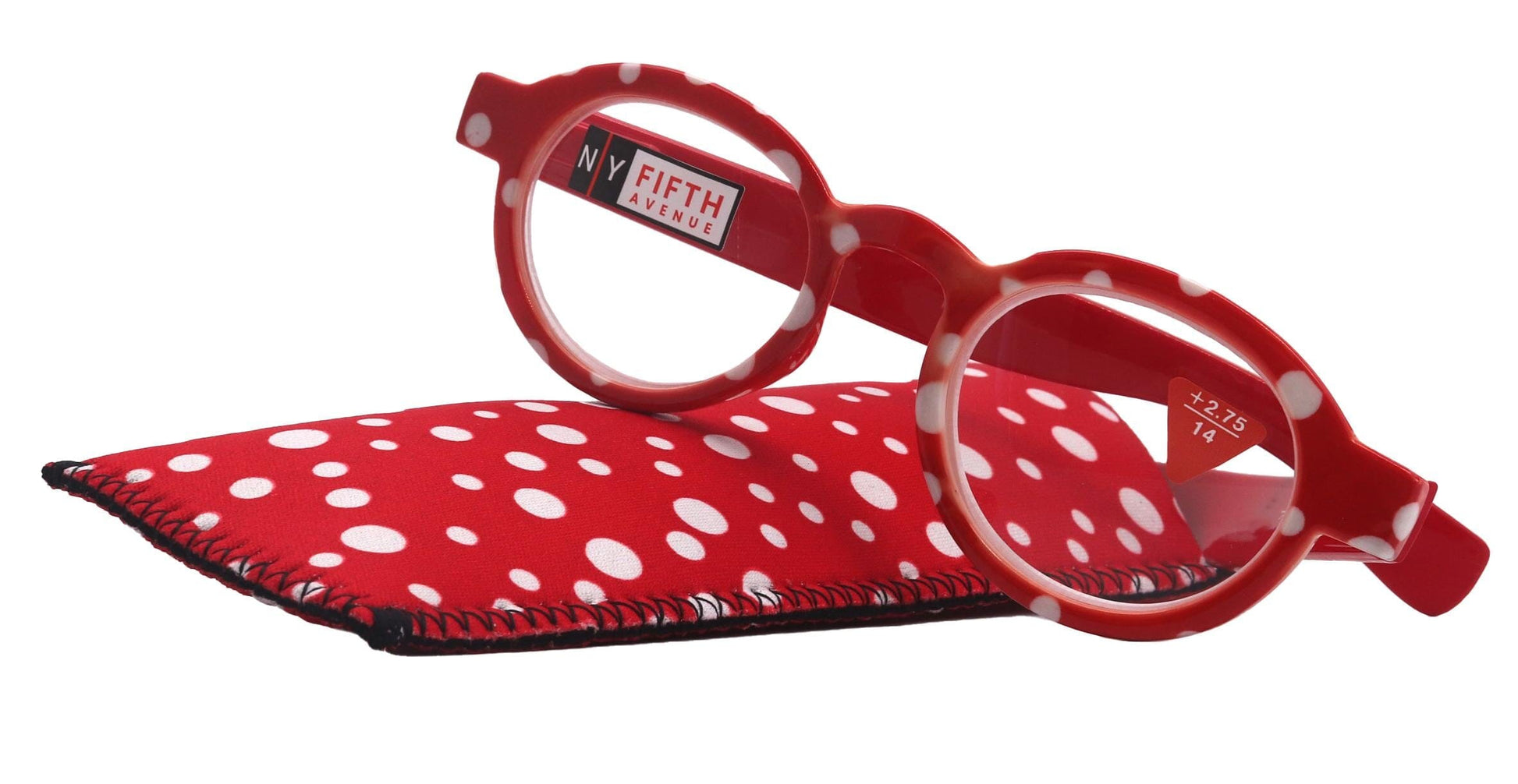 Dotty Chic, Round Reading Glasses for Women Red frame with playful polka-dot pattern: +1.25 +4 NY Fifth Avenue