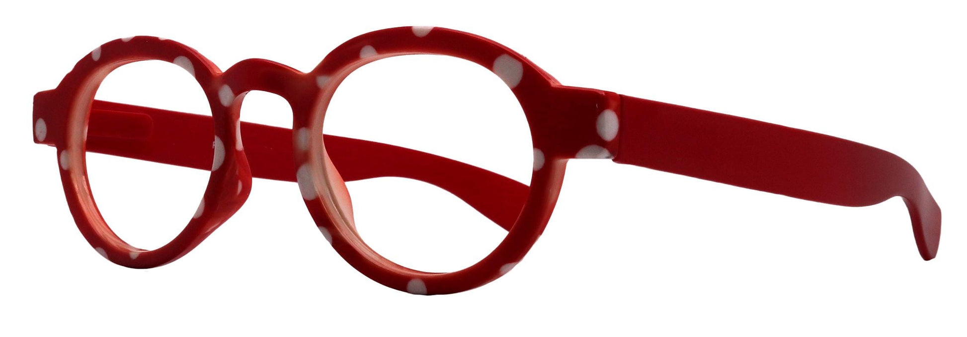 Dotty Chic, Round Reading Glasses for Women Red frame with playful polka-dot pattern: +1.25 +4 NY Fifth Avenue