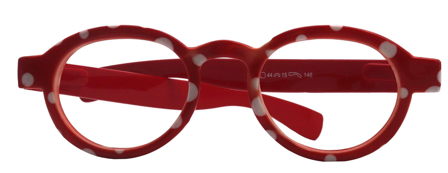 Dotty Chic, Round Reading Glasses for Women Red frame with playful polka-dot pattern: +1.25 +4 NY Fifth Avenue