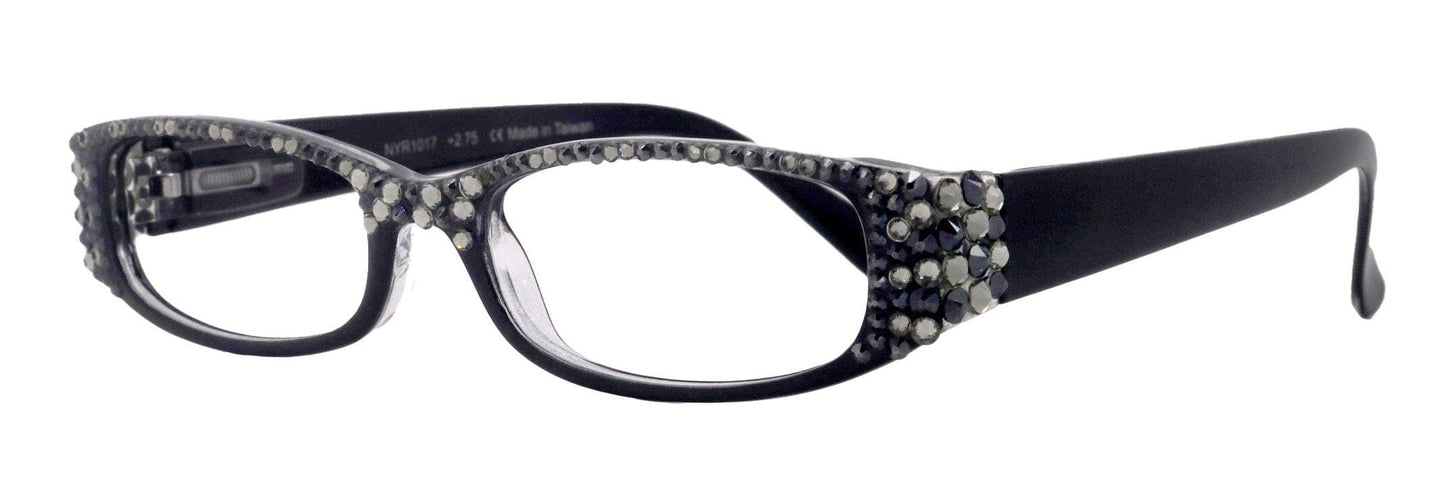 Elise, Bling Reading Glasses For Women W Full Top (B)Genuine European Crystals rectangular (Black) +1.25 ..+3, NY Fifth Avenue.