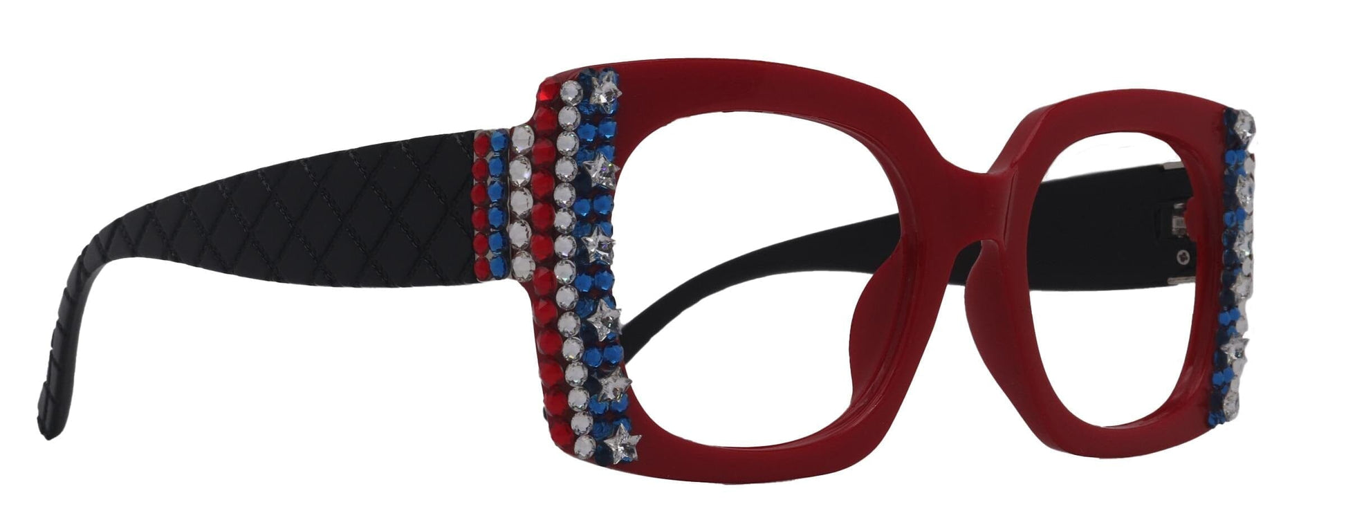 Freedom Shine, Bling Women’s Reading Glasses with Genuine European Crystals, US Flag Colors, Square Frame, NY Fifth Avenue