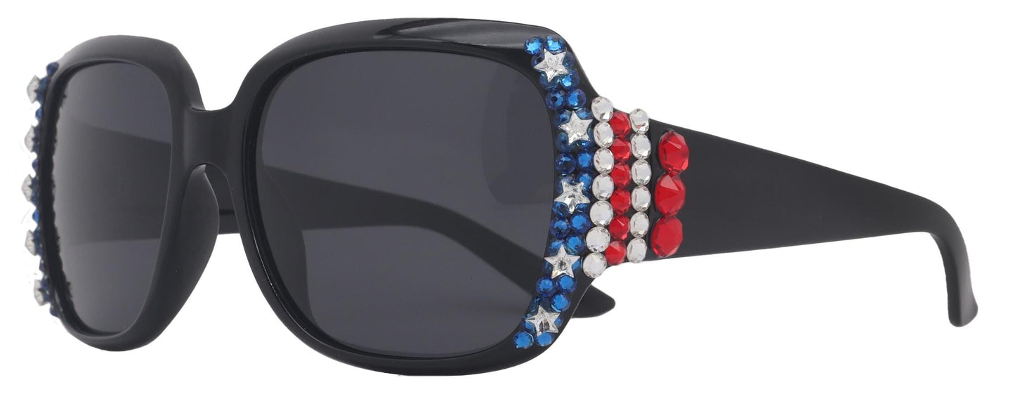 Freedom Shine, Bling Women’s Sunglasses with Genuine European Crystals, US Flag Colors, Polarized Protection, Square Frame, NY Fifth Avenue