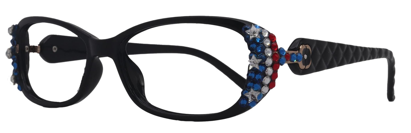 Freedom Shine, Quilted Bling Women’s Reading Glasses with Genuine European Crystals, US Flag Colors, Square Frame, NY Fifth Avenue