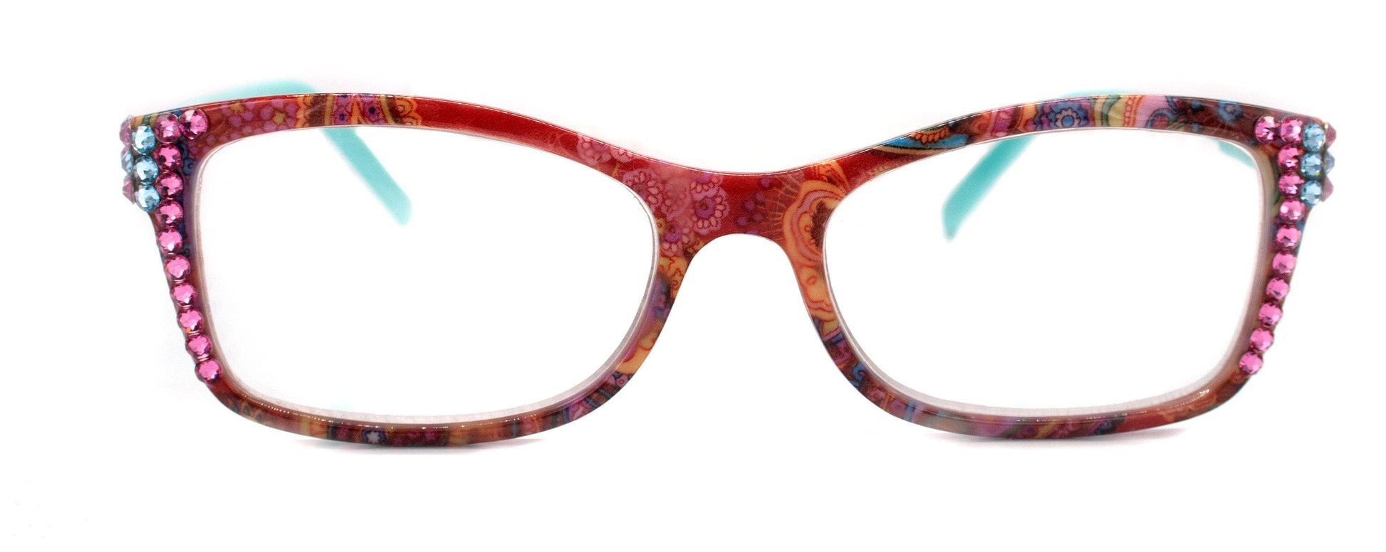 Frida, (Bling) Reading Glasses Women Adorned W (Rose, Aquamarine) Genuine European Crystals.+1.25 to +4 Paisley print. NY Fifth Avenue.