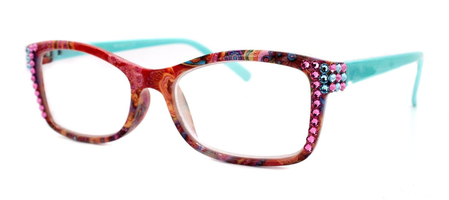 Frida, (Bling) Reading Glasses Women Adorned W (Rose, Aquamarine) Genuine European Crystals.+1.25 to +4 Paisley print. NY Fifth Avenue.