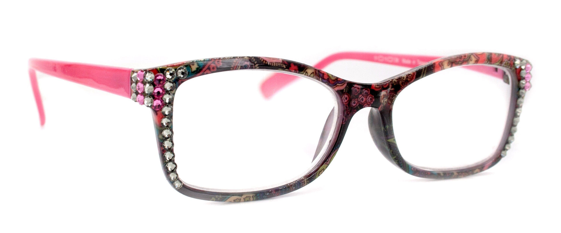 Frida, (Bling) Reading Glasses Women Adorned w (Rose, Black Diamond) Genuine European Crystals.+1.25 to +4 Paisley print. NY Fifth Avenue