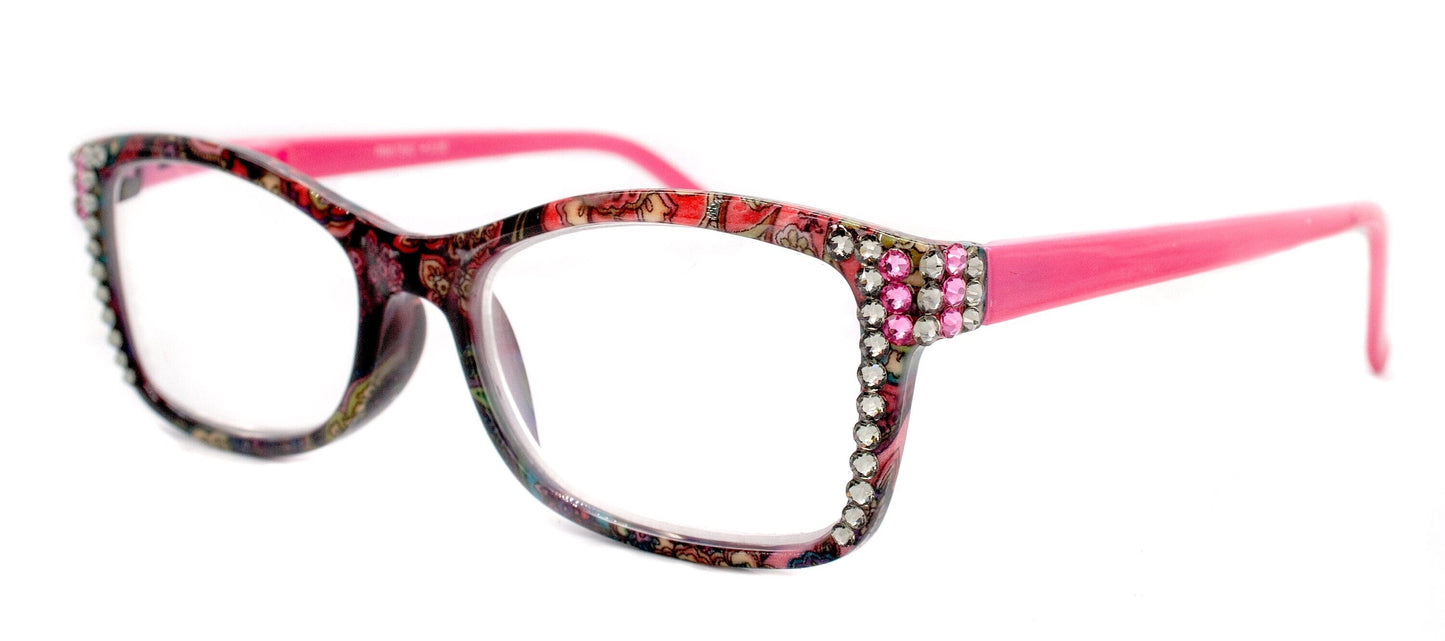 Frida, (Bling) Reading Glasses Women Adorned w (Rose, Black Diamond) Genuine European Crystals.+1.25 to +4 Paisley print. NY Fifth Avenue