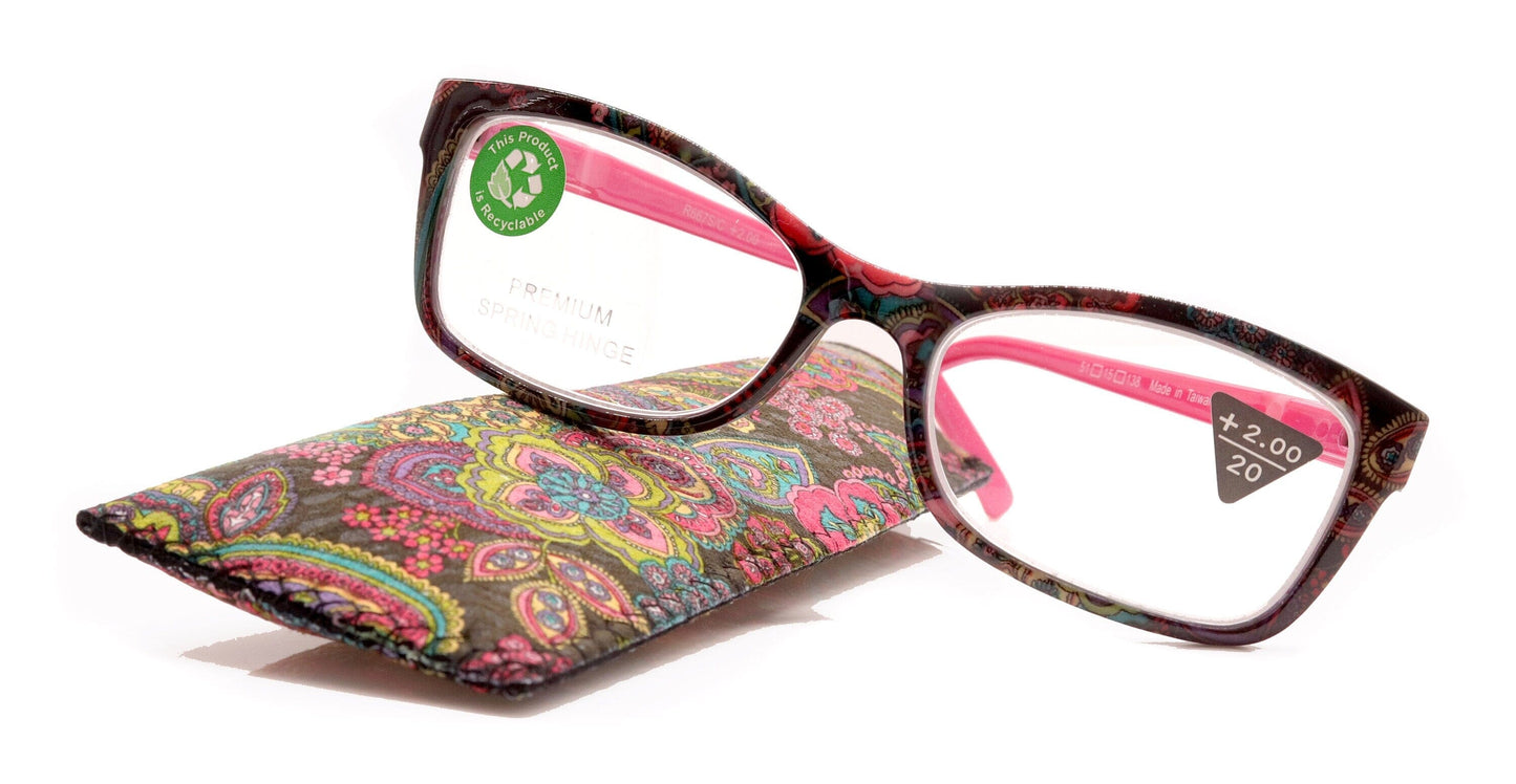 Frida, (Premium) Reading Glasses, High End Readers +1.25 .. +3 Magnifying Eyeglasses, Square Optical Frame. (Pink) Paisley. NY Fifth Avenue