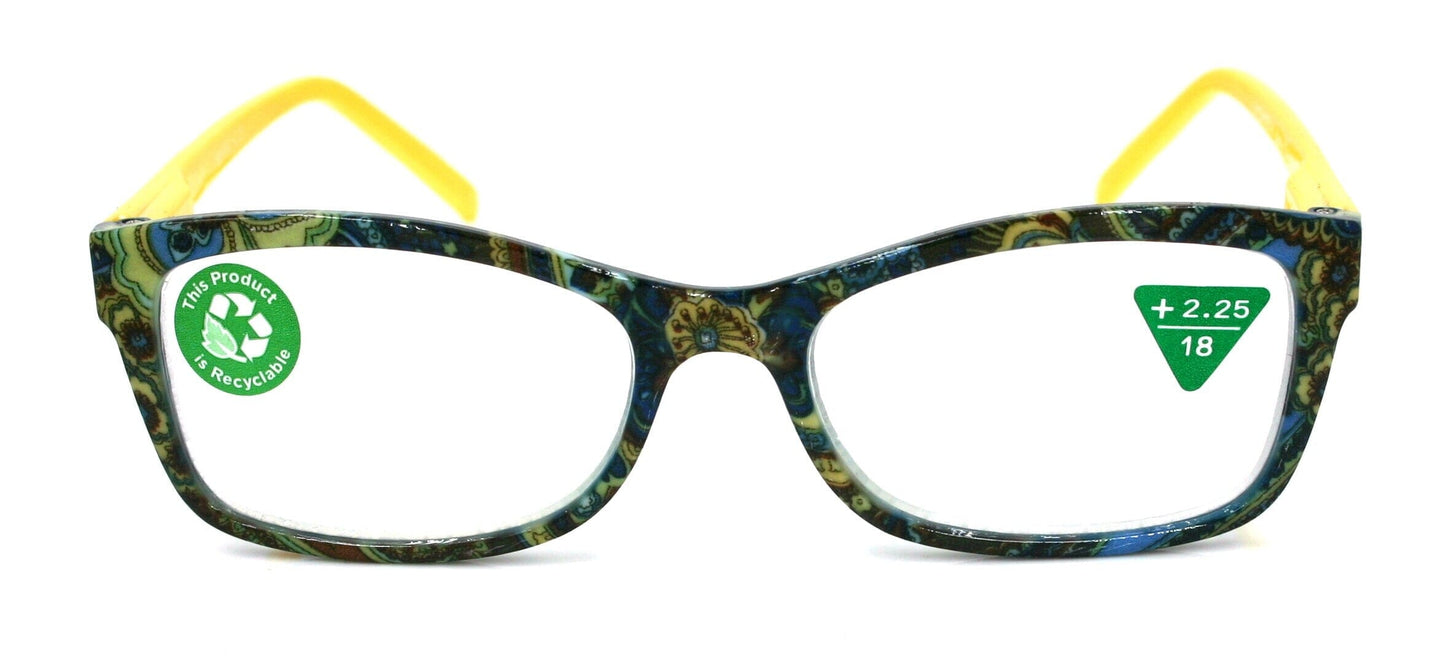 Frida, (Premium) Reading Glasses, High End Readers +1.25 .. +3 Magnifying Eyeglasses, Square Optical Frame (Yellow) Paisley. NY Fifth Avenue