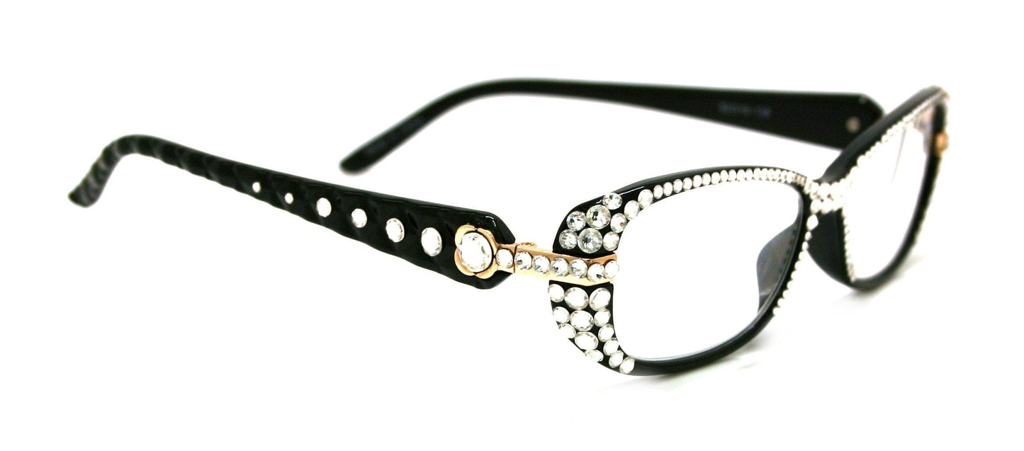 Glamour Quilted, (Bling) Reading Glasses 4 Women With (Full Top)(Clear)Genuine European Crystals +1.25 to +3 (Black) Frame, NY fifth avenue.