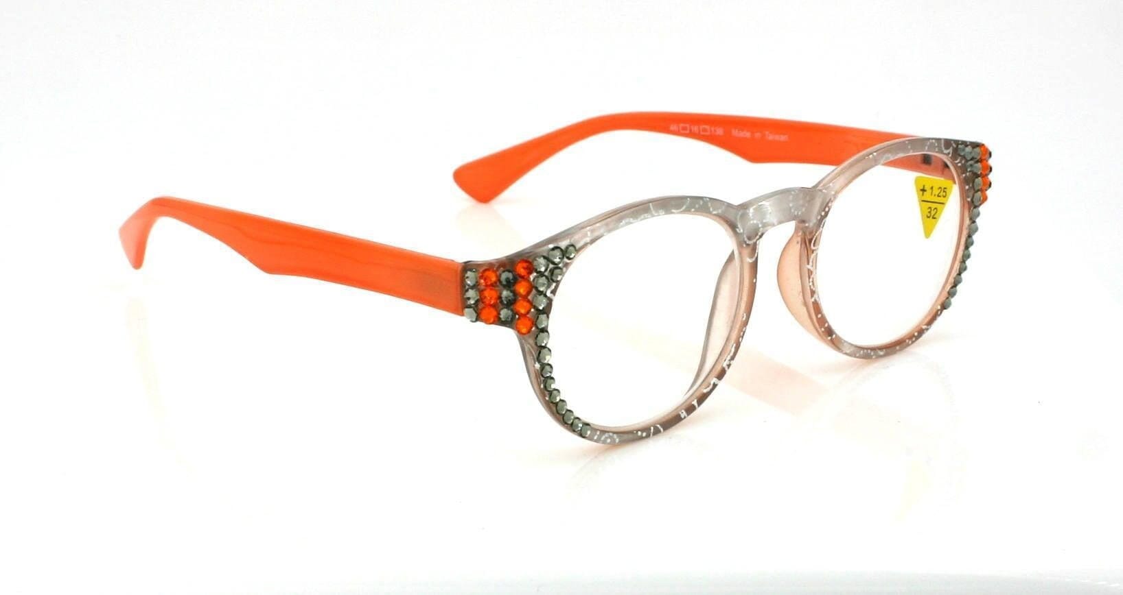 Grace, (Bling) Reading Glasses for Women W (Black Diamond, Tangerine) Genuine European Crystals (Metallic Silver, Orange) NY Fifth Avenue