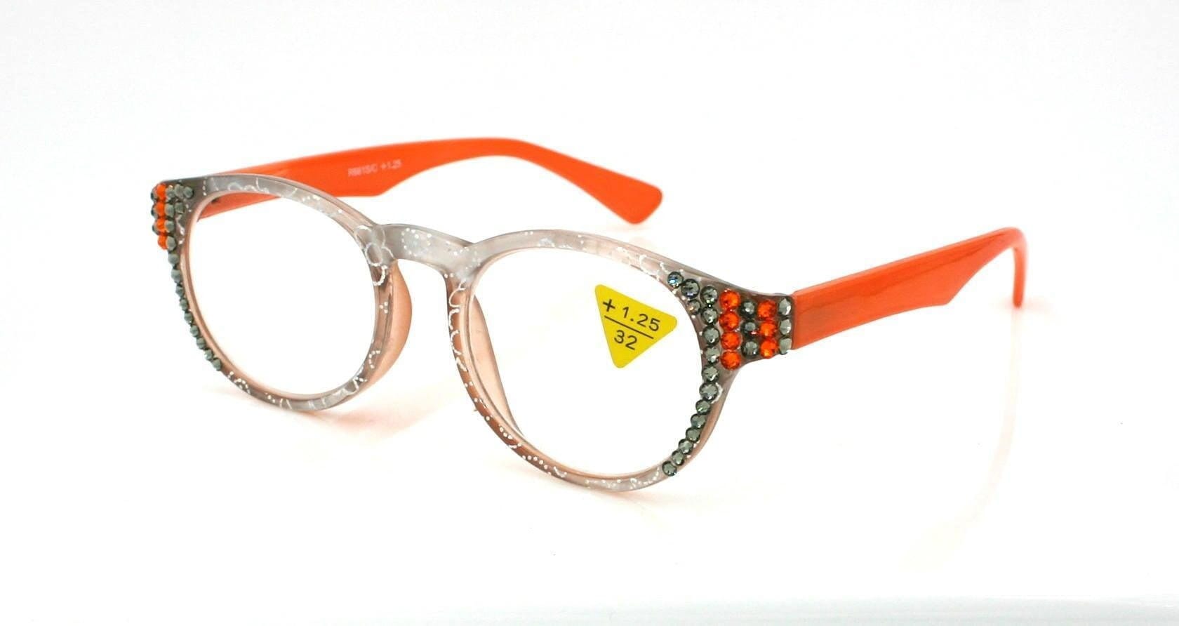 Grace, (Bling) Reading Glasses for Women W (Black Diamond, Tangerine) Genuine European Crystals (Metallic Silver, Orange) NY Fifth Avenue