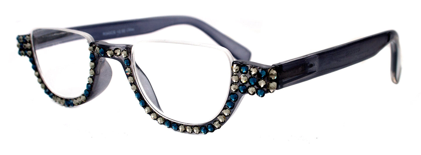 Half Moon, (Bling) Woman Reading Glasses W (Black Diamond, Montana Blue) Genuine European Crystals Reader +1.25...+4 Frame, NY Fifth Avenue