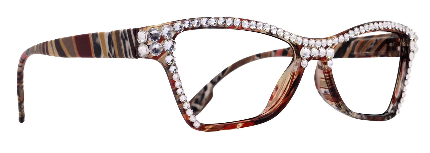 Avian, (Bling) Women Reading Glasses w (Full TOP) (Clear) Genuine European Crystals, Cat Eye (Red, Brown, BK stripes ) NY Fifth Avenue.