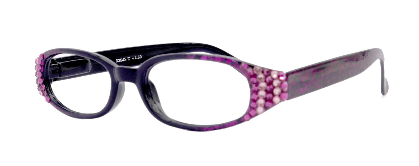 Isabella, (Bling) Reading Glasses Women W (Fuchsia, Pink) Genuine European Crystals (Purple Floral Print) NY Fifth Avenue (Wide Frame)