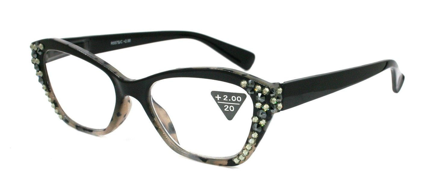 Jane, (Bling) Women Reading Glasses W (Hematite, Black Diamond) Genuine European Crystals, Cat Eyes (Black) Tortoise Shell NY Fifth Avenue