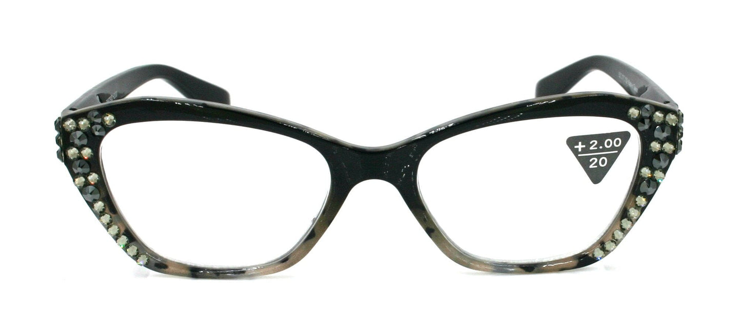 Jane, (Bling) Women Reading Glasses W (Hematite, Black Diamond) Genuine European Crystals, Cat Eyes (Black) Tortoise Shell NY Fifth Avenue