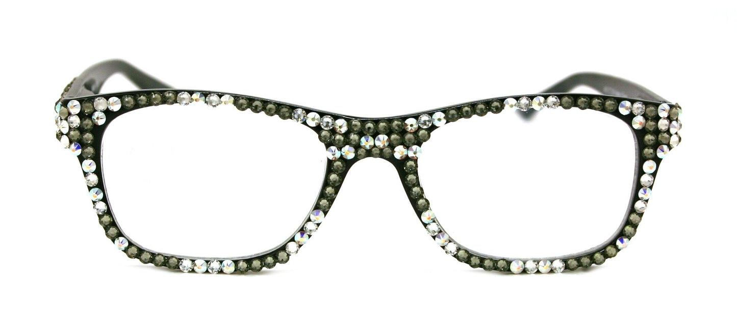 Kelly, (Bling) Reading Glasses 4 women W (Full All Over)(Black Diamond, AB Aurora Borealis) Genuine European Crystals.Square NY Fifth Avenue