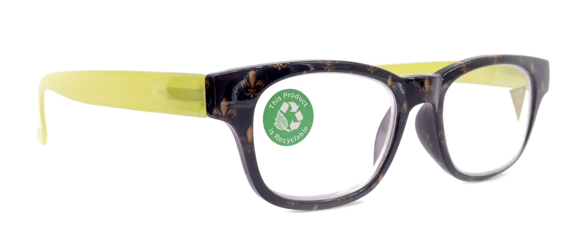 Lilly, (Premium) Reading Glasses (Fleur De Lis) +1 .. +3 Magnifying, Fashion Square Optical Frame. (Green, Gold, Black) NY Fifth Avenue.