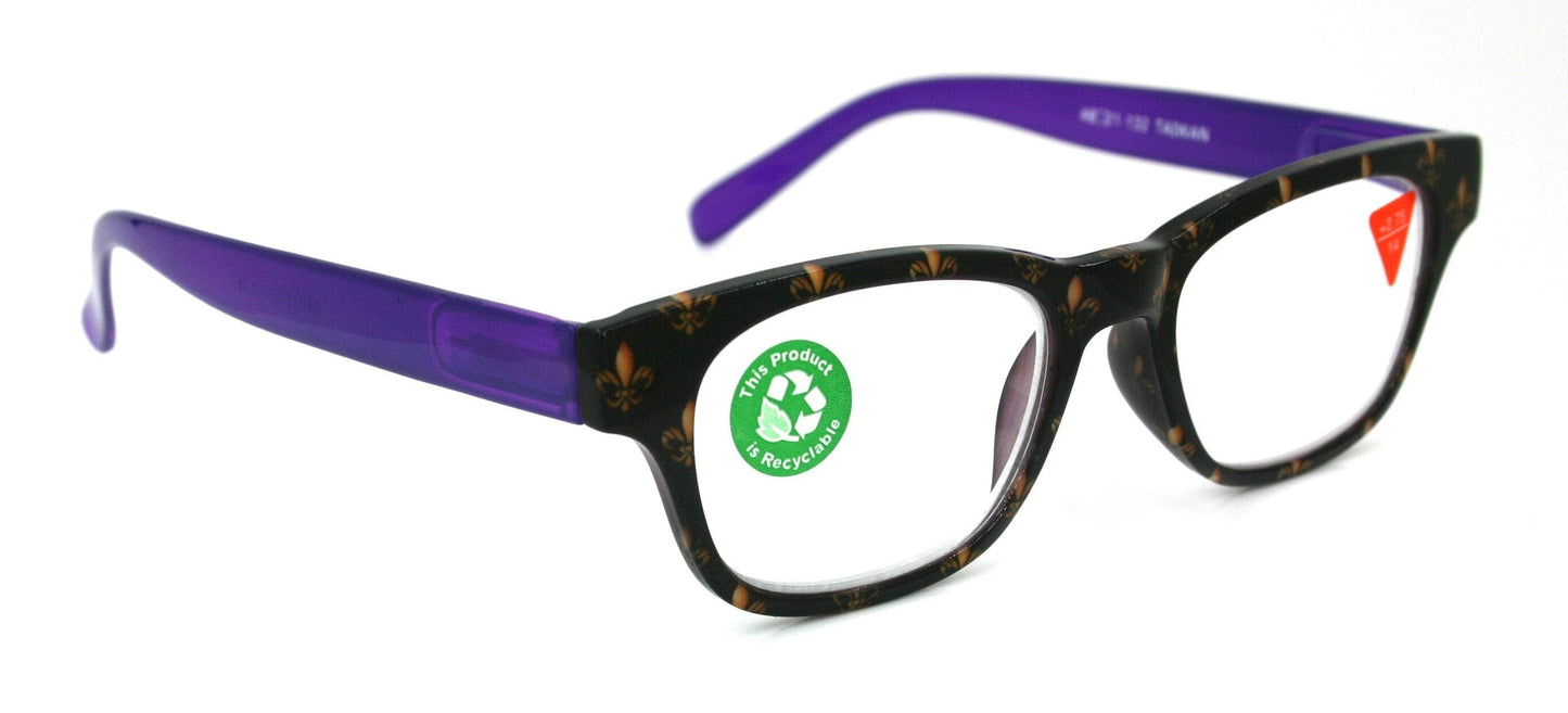 Lilly, (Premium) Reading Glasses (Fleur De Lis) +1 .. +3 Magnifying, Fashion Square Optical Frame. (Purple, Gold, Black) NY Fifth Avenue.