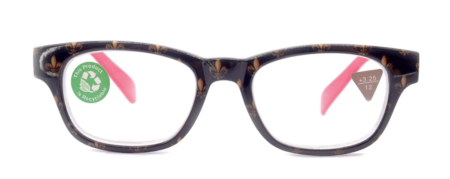 Lilly, (Premium) Reading Glasses (Fleur De Lis) +1 .. +3 Magnifying, Fashion Square Optical Frame. (Red, Gold, Black) NY Fifth Avenue.